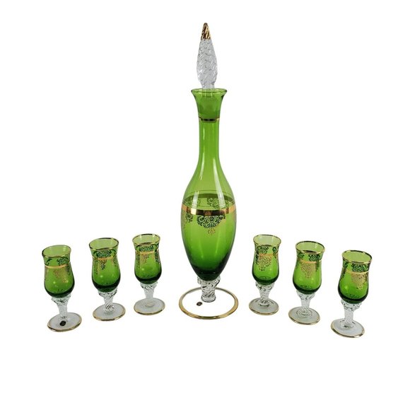 Vintage Italian Green Glass Gold Trim Flowers Decanter with 6 Matching Cordial - Picture 1 of 12